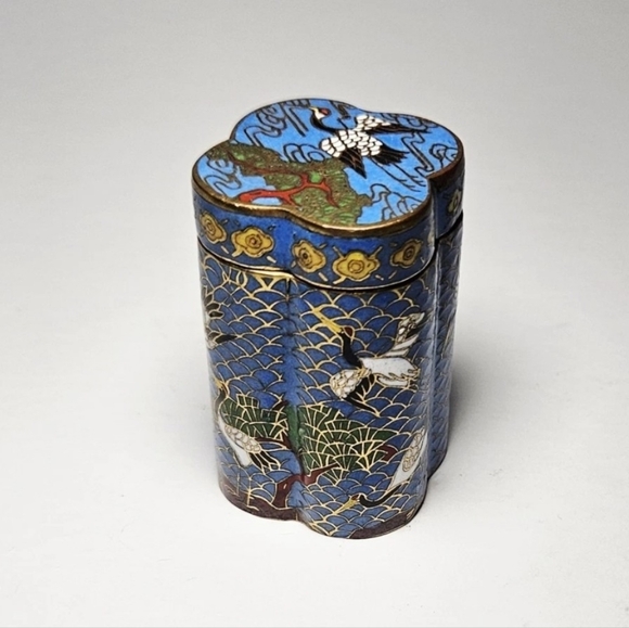 Vintage Cloisonne Snuff Trinket Box Cranes